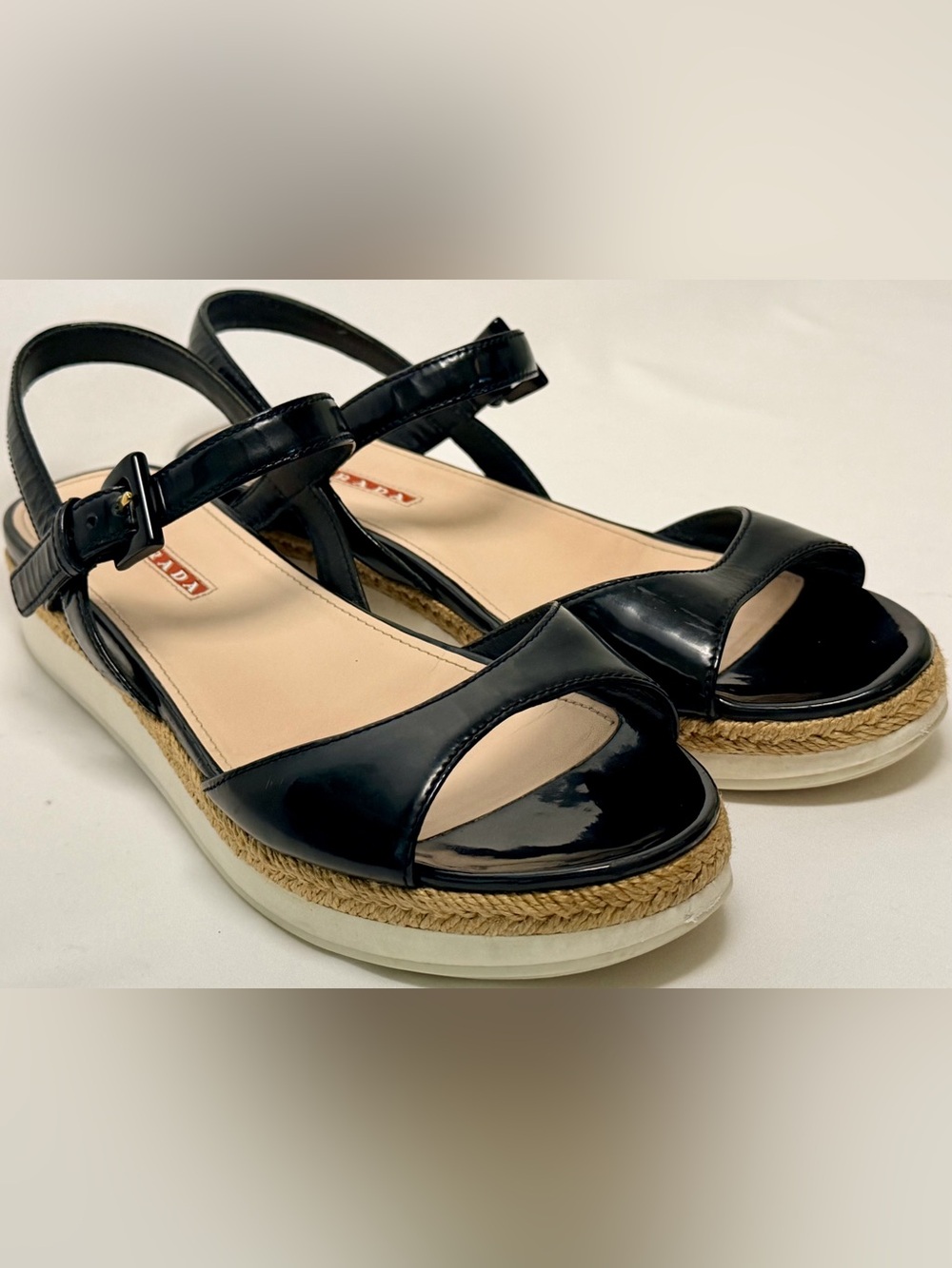 Prada Vintage Linea Rossa Black Patent Leather Espadrille Platform Sandals EU 38